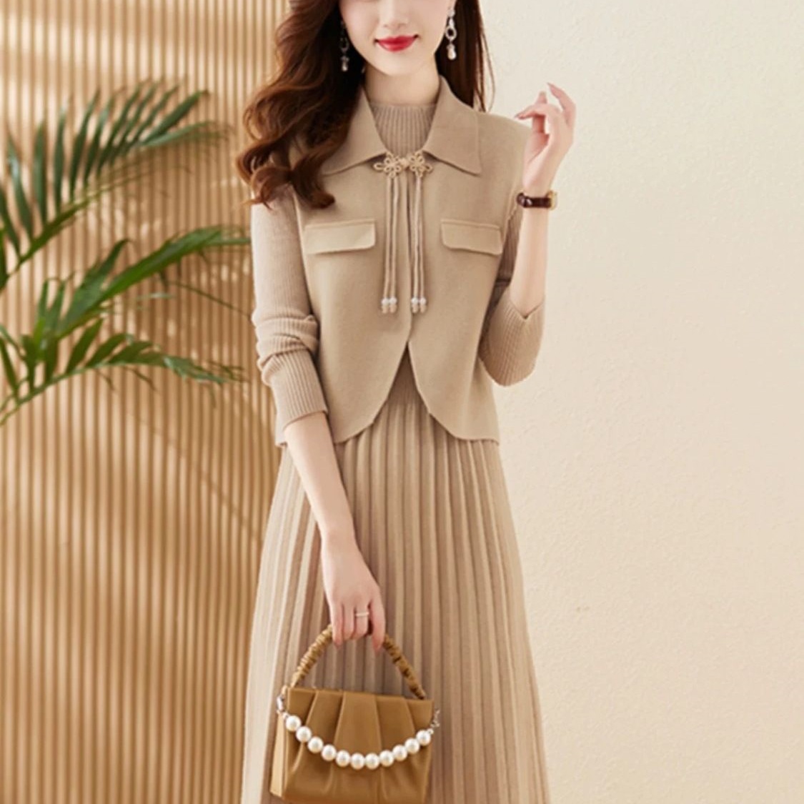 高级感时尚毛衣套装裙子女秋冬装新款马夹两件套装显瘦针织连衣裙