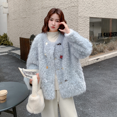 托斯卡纳皮毛一体外套女2025新款羊羔毛卷毛中长款皮草大衣冬爆款