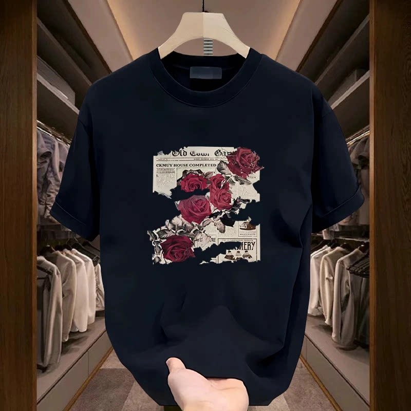 潮牌玫瑰花纯棉印花短袖T恤男宽松显瘦百搭圆领街头休闲上衣ins风