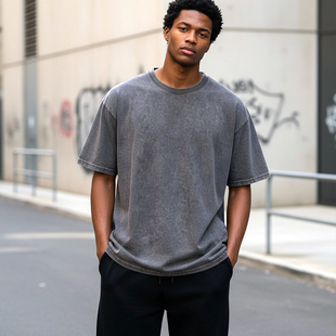 MCPW T恤男休闲百搭纯色宽松圆领运动健身潮牌上衣 水洗做旧短袖