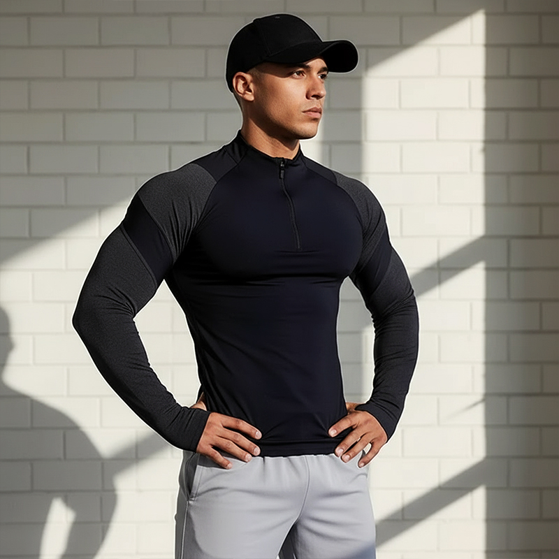 MCPW 速干训练服长袖t恤透气半拉链跑步高弹紧身衣运动健身服男子