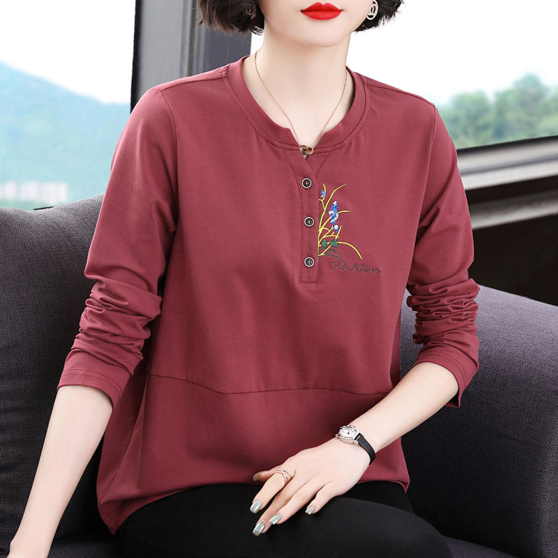 纯棉长袖t恤女 宽松上衣2023新款休闲外穿中老年妈妈装打底衫百搭