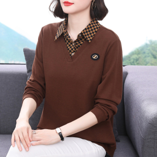 T恤打底衬衫 长袖 中老年妈妈洋气上衣 新款 有领卫衣女宽松023春秋装