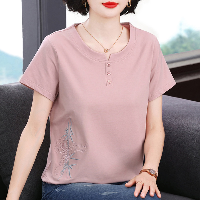妈妈短袖t恤女 新款2026夏季百搭休闲半袖体恤中老年女装宽松上衣