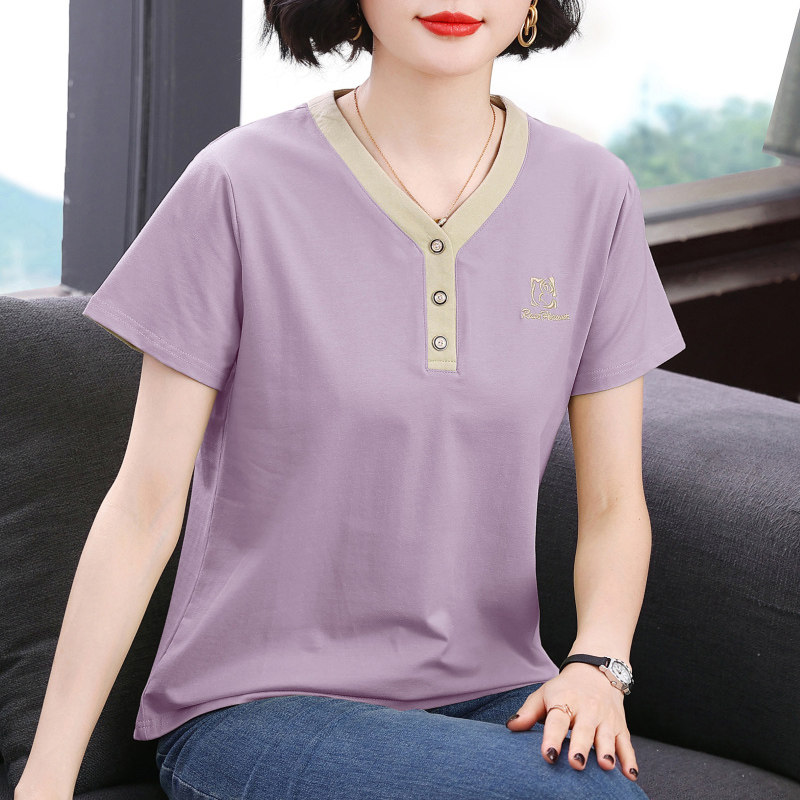 妈妈款短袖t恤女宽松2026夏季休闲纯棉衣服中老年女装洋气V领上衣