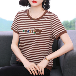 t恤女 2025夏装 妈妈短袖 新款 中老年洋气条纹上衣 纯棉衣服半袖 小衫