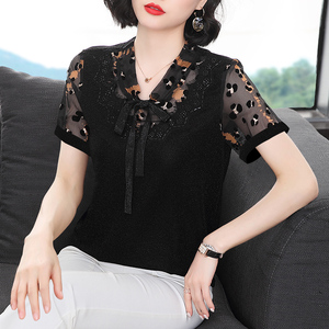 妈妈夏装短袖2023新款女上衣时尚洋气蕾丝半袖小衫中老年气质t恤