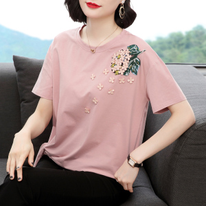 纯棉短袖t恤女 宽松2023新款夏装中老年大码休闲上衣妈妈洋气小衫