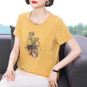 纯棉短袖t恤女 宽松半袖绣花小衫2023夏装新款中老年妈妈百搭上衣