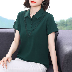 有领短袖t恤女 纯棉2023夏季新款洋气半袖polo衫中年妈妈翻领上衣