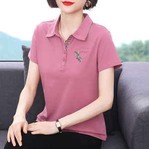 纯棉短袖t恤女 夏季2023新款翻领半袖减龄小衫中老年妈妈洋气上衣