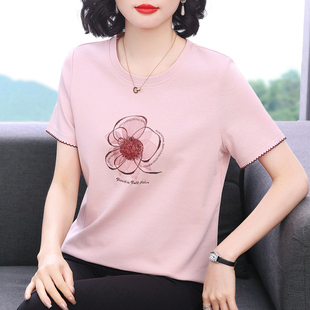t恤女 2025夏装 妈妈短袖 新款 中老年洋气上衣 减龄纯棉衣服半袖 小衫