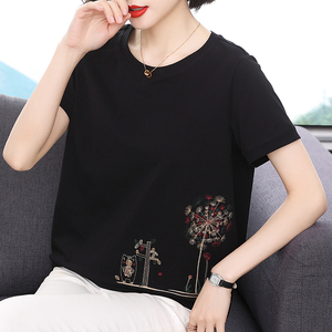 妈妈纯棉短袖t恤女 宽松休闲2023夏装新款中老年洋气上衣半袖体恤