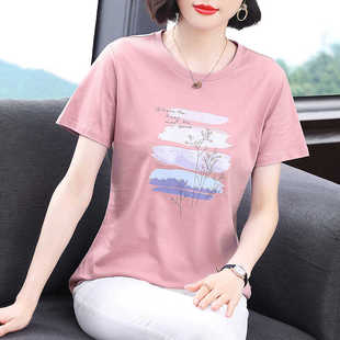 百搭正肩纯棉印花小衫 妈妈短袖 2025夏装 t恤女 中老年减龄上衣 新款