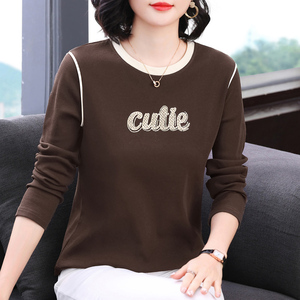 纯棉长袖t恤女 春秋新款百搭小衫秋衣外穿中老年妈妈装上衣打底衫