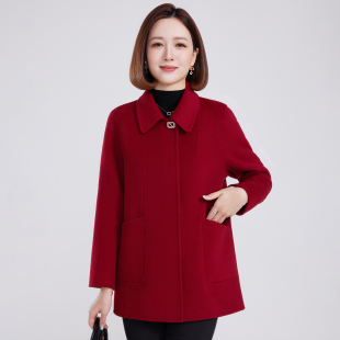 简约风红色羊毛毛呢外套女翻领长袖高端时尚妈妈装保暖大衣