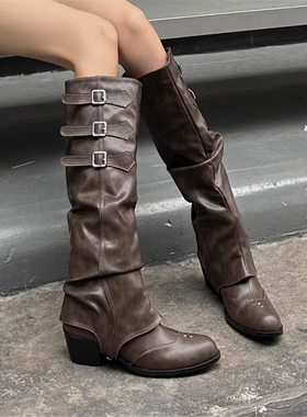 2026春夏新款朋克风西部牛仔靴两穿皮带扣长靴女复古机车靴高筒靴