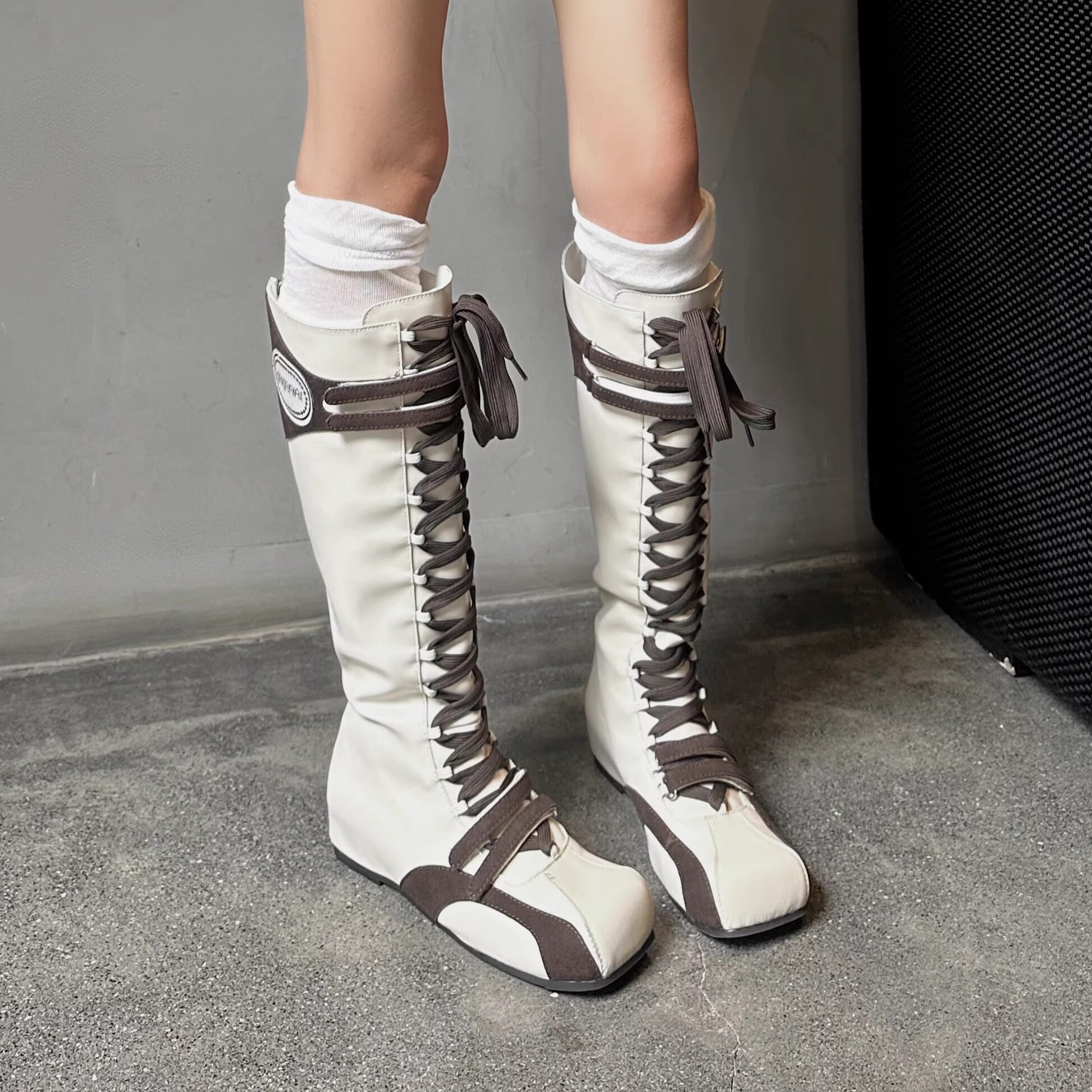 小众设计运动风百搭高筒靴2026春夏方头低跟内增高复古绑带骑士靴,女鞋,时装靴,淘宝优惠券,粉丝福利购,淘宝优惠卷