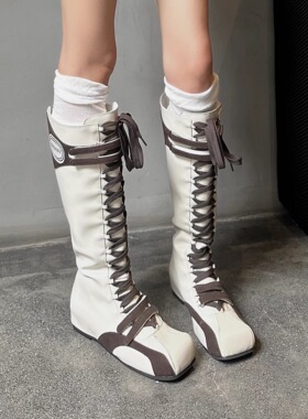 小众设计运动风百搭高筒靴2026春夏方头低跟内增高复古绑带骑士靴