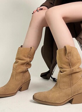 赵露思同款尖头短筒堆堆靴许我耀眼2026春夏西部牛仔靴粗跟小短靴