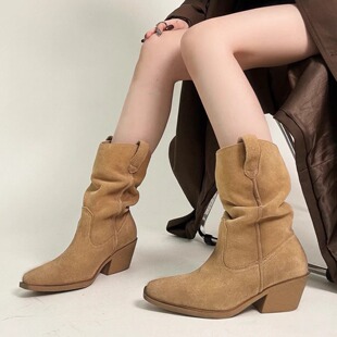 赵露思同款 尖头短筒堆堆靴许我耀眼2026春夏西部牛仔靴粗跟小短靴