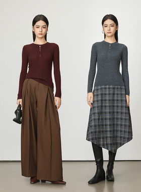 Chicnine | 胸口镂空性感打底衫圆领纯色羊毛长袖针织衫软糯时尚