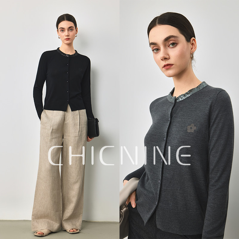 Chicnine |  100%澳洲羊毛修身针织开衫miu系亮片休闲毛衣外套女