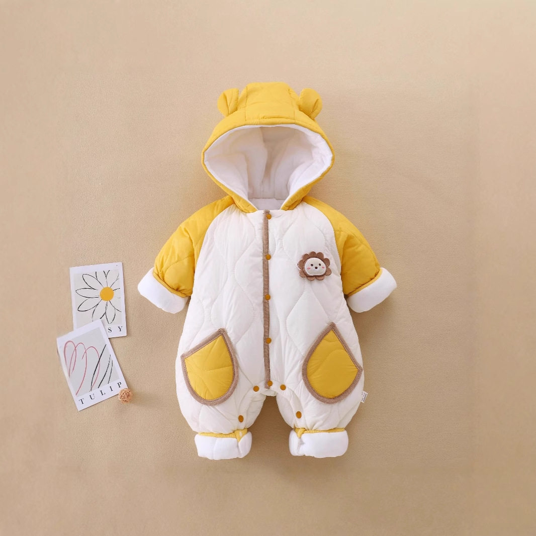 婴儿连体衣夹棉加厚秋冬季棉衣萌娃宝宝爬服新生儿外出服冬装连帽