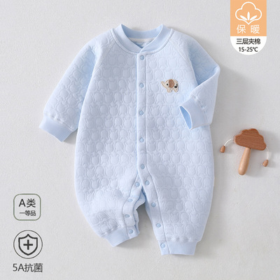 婴儿秋冬季三层保暖连体衣新生儿纯棉无骨内衣男女宝宝加厚长爬服