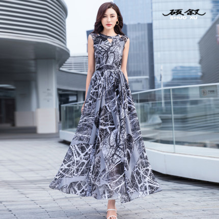 重磅真丝长裙夏新款显瘦遮肚水墨桑蚕丝连衣裙气质妈妈大摆裙高端
