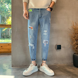 秋季新男士高品质破洞牛仔裤男生修身小脚裤长裤1003-1A49P55，男装牛仔裤，星座1003-1