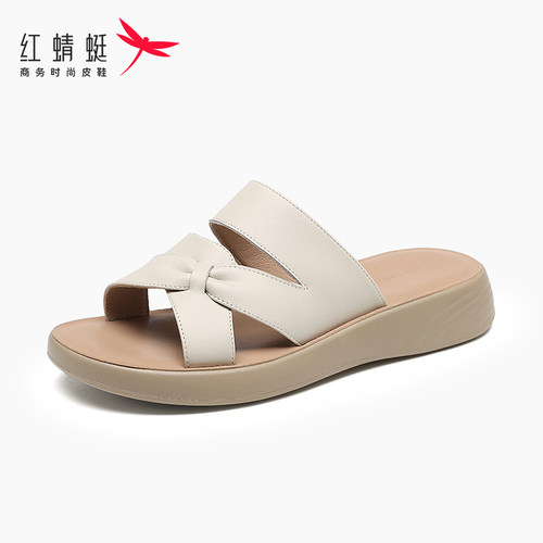红蜻蜓真皮头层牛皮美艳女拖鞋