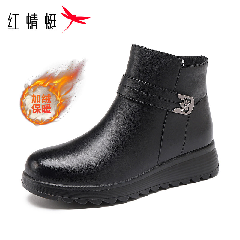 红蜻蜓休闲妈妈靴软头层牛皮女靴