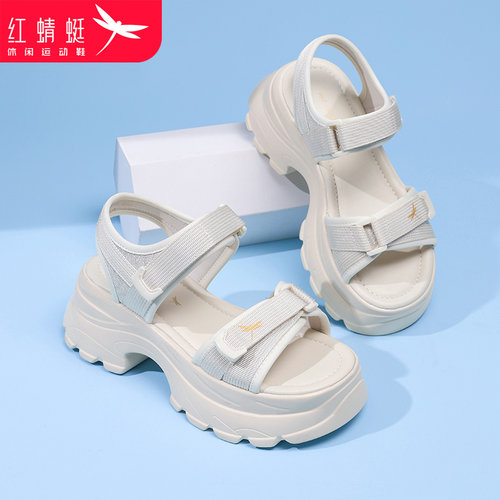 红蜻蜓松糕跟增高老爹女凉鞋