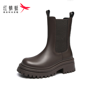 红蜻蜓女切尔西靴断码特价真皮厚底烟筒靴粗跟女短靴时尚潮流