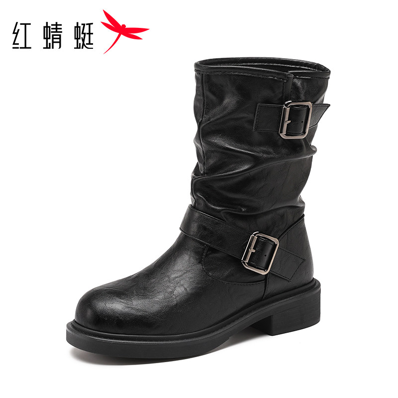 红蜻蜓女靴时尚中筒骑士靴单靴冬季真皮个性堆堆靴潮流西部牛仔靴