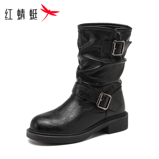 红蜻蜓女靴时尚中筒骑士靴单靴冬季真皮个性堆堆靴潮流西部牛仔靴