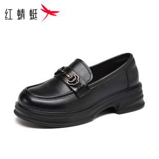 红蜻蜓女鞋秋季头层牛皮真皮乐福鞋透气厚底轻便单鞋厚底小皮鞋潮