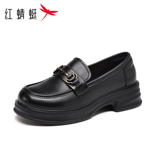 红蜻蜓女鞋秋季头层牛皮真皮通勤乐福鞋透气厚底轻单鞋厚底小皮鞋 - 封面