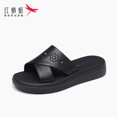 红蜻蜓休闲头层牛皮女拖鞋