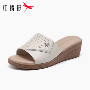 红蜻蜓女鞋休闲凉拖头层牛皮拖鞋厚底增高5.5cm凉拖鞋真皮一字拖
