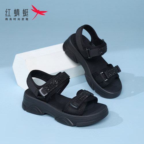 红蜻蜓松糕跟休闲舒适运动女凉鞋