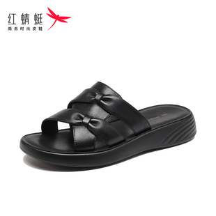 红蜻蜓妈妈拖鞋软底头层牛皮中老年女凉鞋真皮防滑平底拖鞋女士软