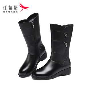红蜻蜓品牌小筒围中筒靴女冬瘦瘦靴显瘦薄绒骑士靴长靴厚底坡跟软