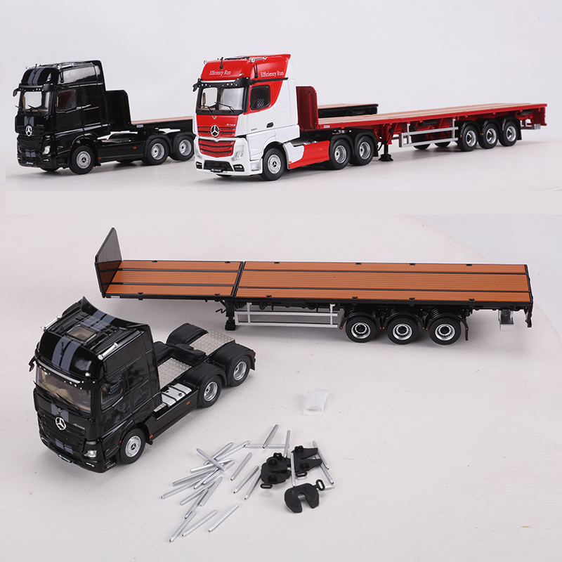 GCD 1:64奔驰3轴卡车 可伸缩拖挂平板车合金工程车模型收藏
