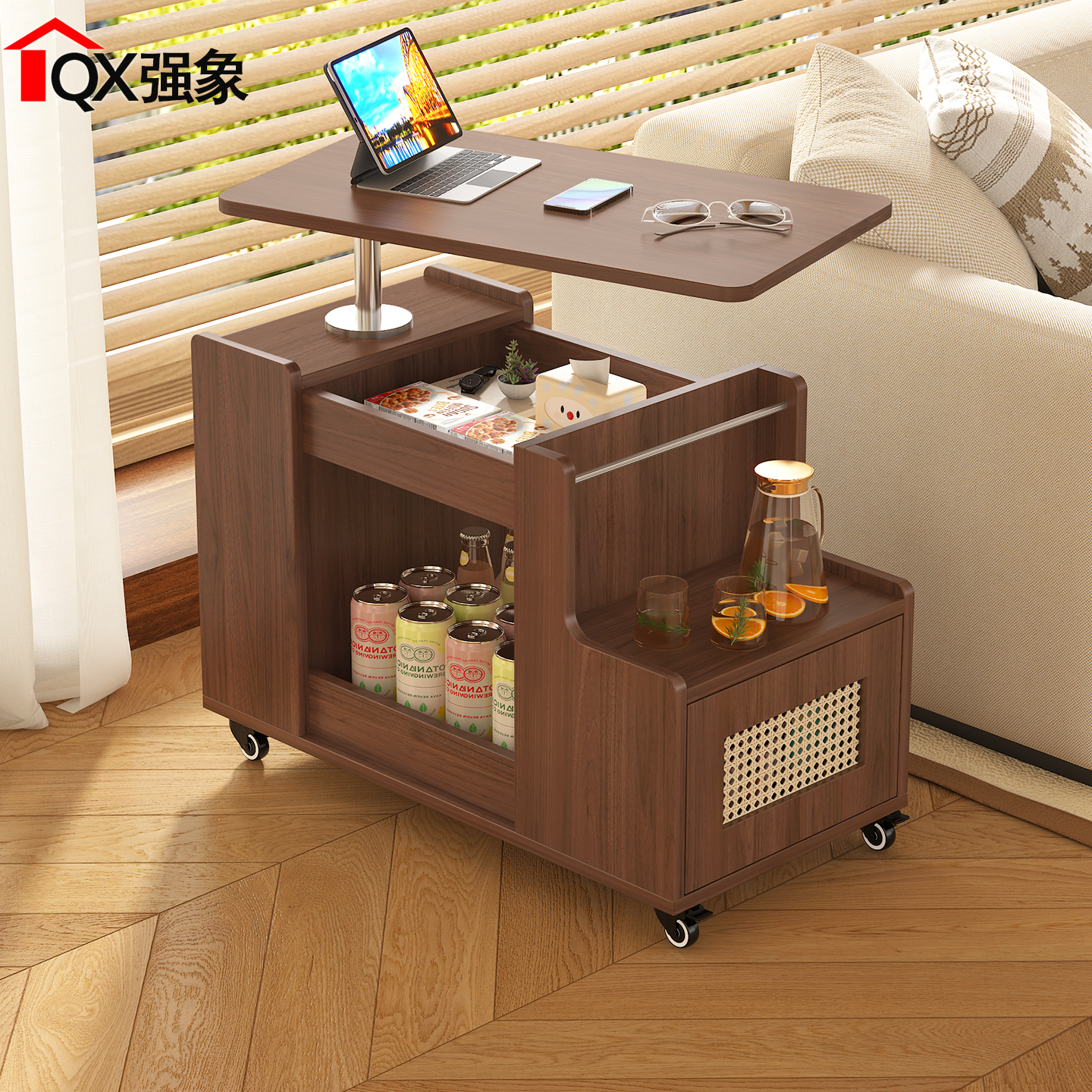 中古风可移动升降旋转边几边柜