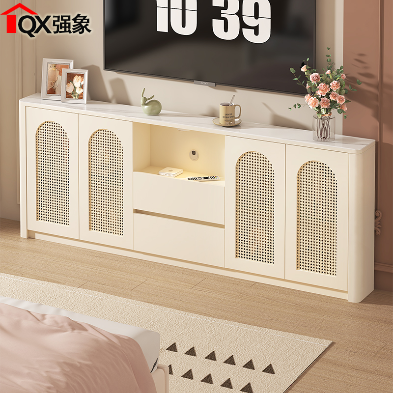 奶油风藤编岩板电视柜床尾柜