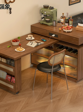 新款中古风旋转岛台餐桌一体小户型可伸缩餐边柜吧台桌定制E83