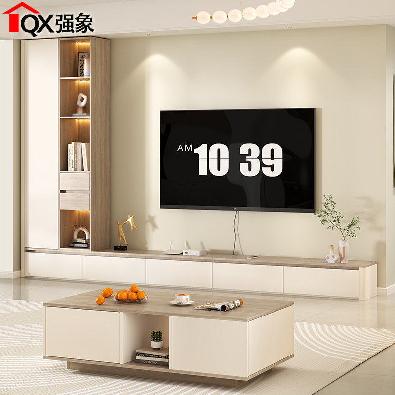 奶油风落地电视柜茶几组合客厅家用背景墙展示收纳储物柜一体D105,住宅家具,电视柜,淘宝优惠券,粉丝福利购,淘宝优惠卷