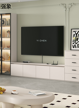 定制奶油风落地电视柜收纳储物柜一体组合墙柜客厅家用小户型D76